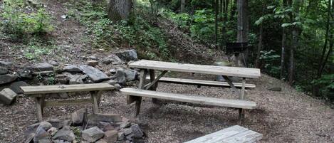 Zona de picnic con bancos y una hoguera en un entorno boscoso.
