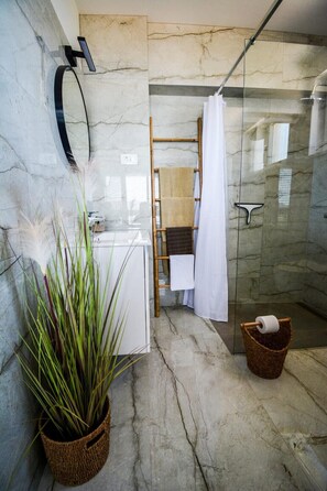 Shower, hair dryer, towels