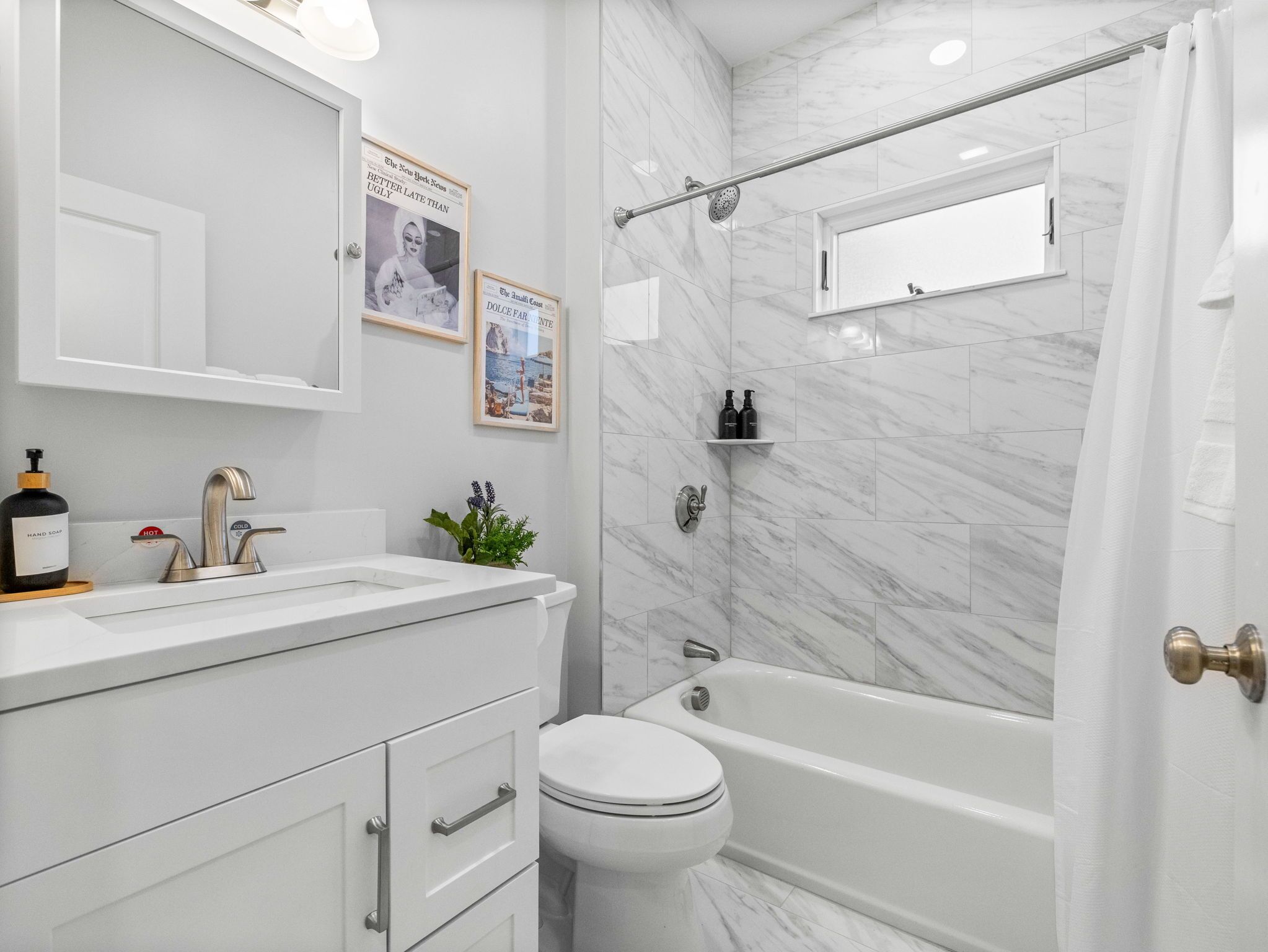 Hair dryer, towels, soap, shampoo