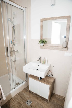 Shower, hair dryer, towels, toilet paper