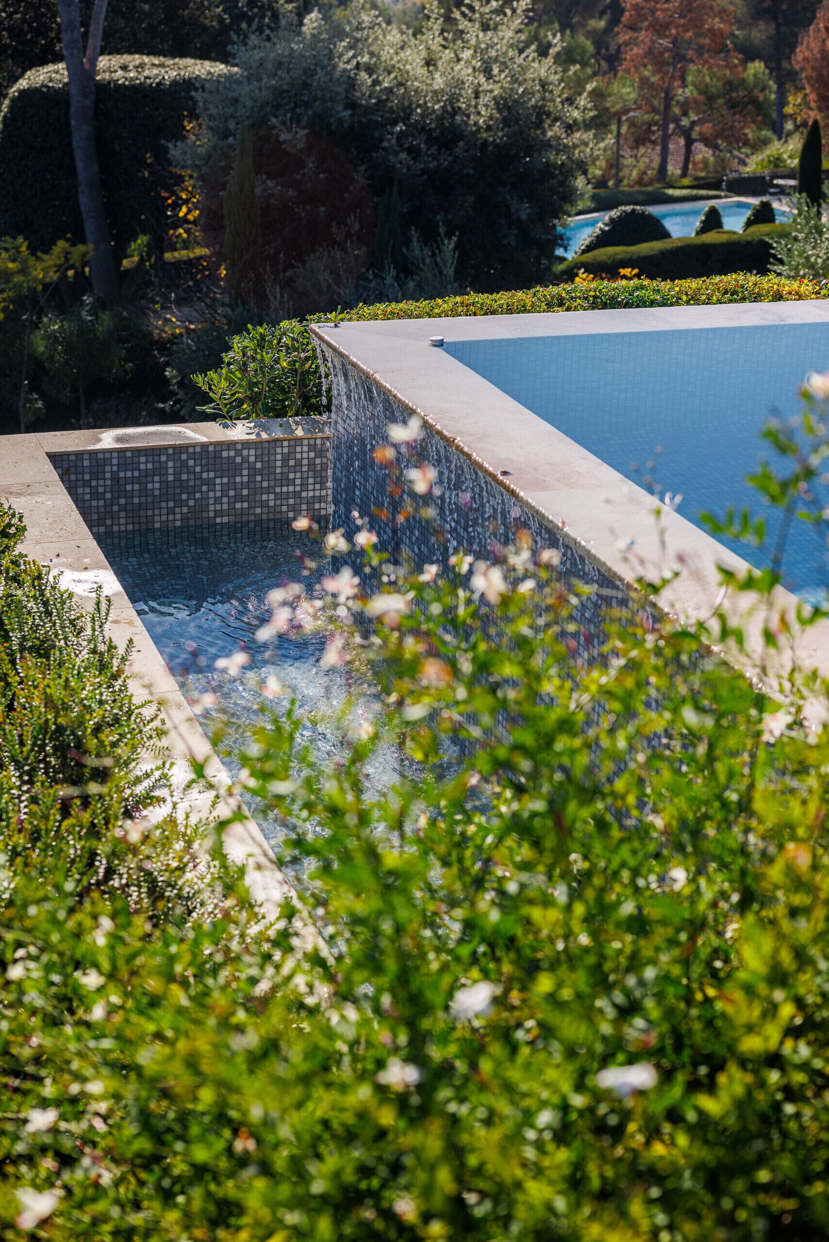 A swimming pool with a tiled edge, surrounded by lush greenery and trees.