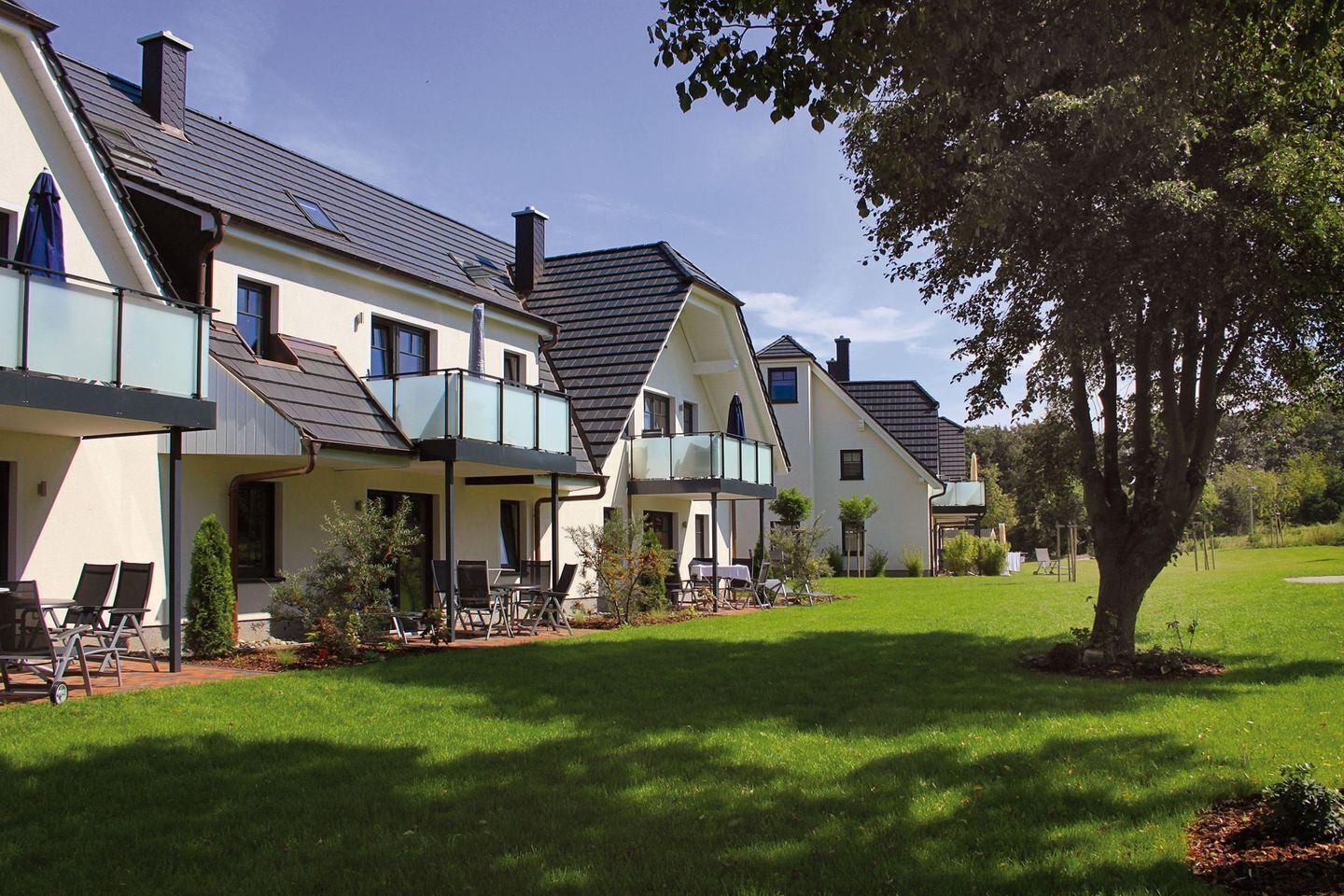 En rad moderna hus med balkonger, en gräsplätt och ett träd.