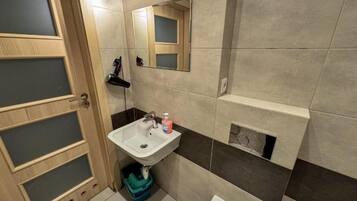 Klassiek appartement | Badkamer | Een haardroger, handdoeken, zeep, toiletpapier