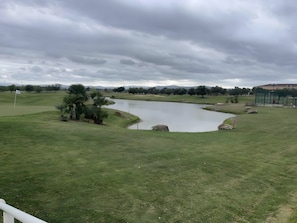 A golf course with a pond, palm trees, and a distant mountain range.