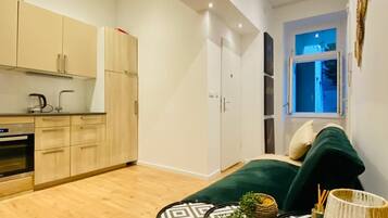 Basic Apartment | Private kitchen | Fridge, oven, stovetop, cookware/dishes/utensils