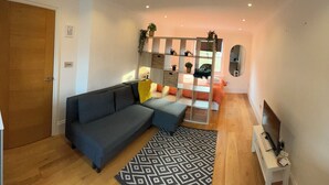 Ein modernes Wohnzimmer mit grauem Sofa, einem gemusterten Teppich, einem Fernseher auf einem Lowboard und einem Pflanzenregal.