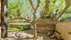A tree-lined courtyard with a stone wall, a paved area, and two lounge chairs.