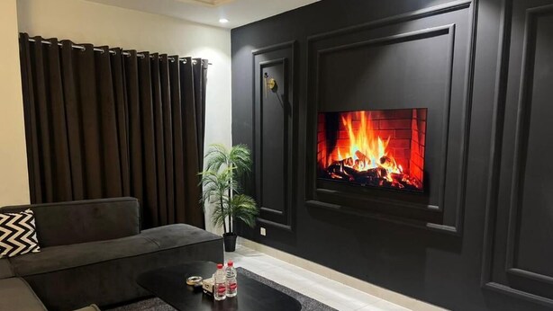 Un salon moderne avec une cheminée noire, un canapé gris, une table basse et une plante en pot.