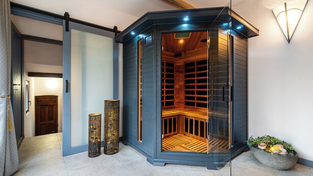 A sauna with a glass door, wooden benches, and a stone planter with plants. - Boutique hotel Soukeníkův dům (Kutna Hora)