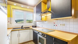 A modern kitchen with a built-in oven, a stove, and a window with a view of the countryside.