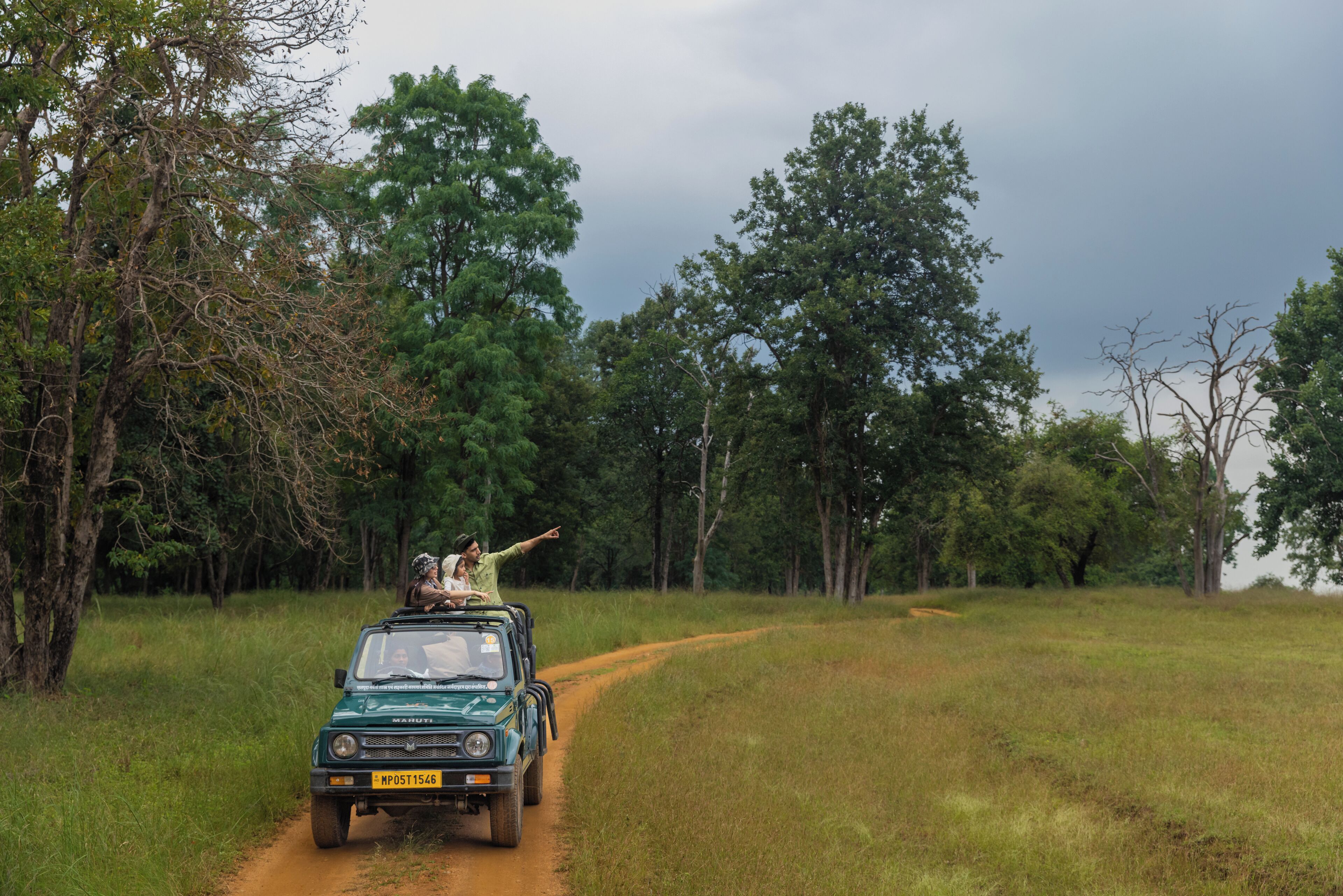 A green off-road vehicle on a dirt path surrounded by trees.