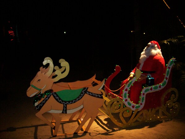 A person in a Santa costume riding a sleigh pulled by a reindeer. - Manoribel (Mumbai)