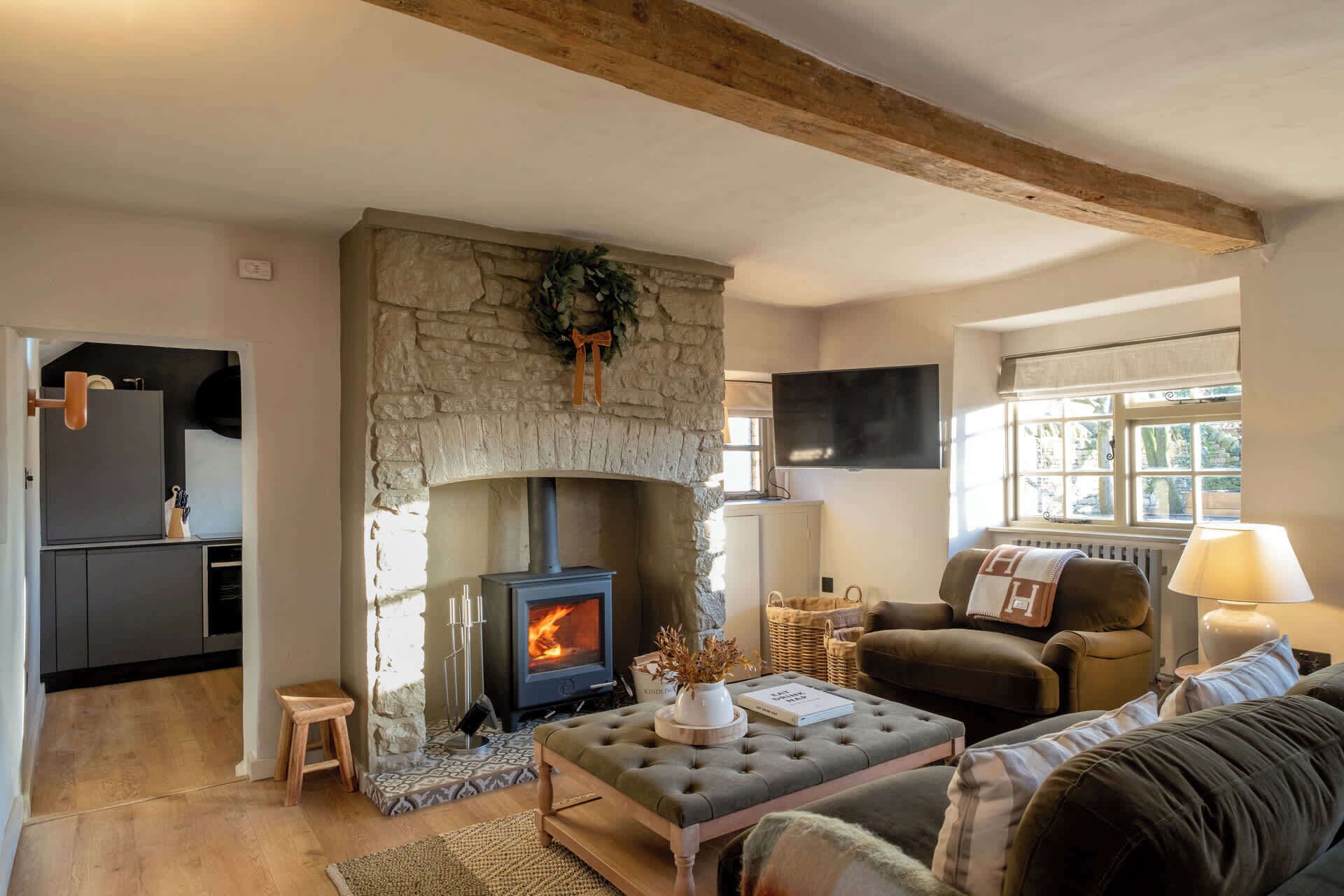 TV, fireplace