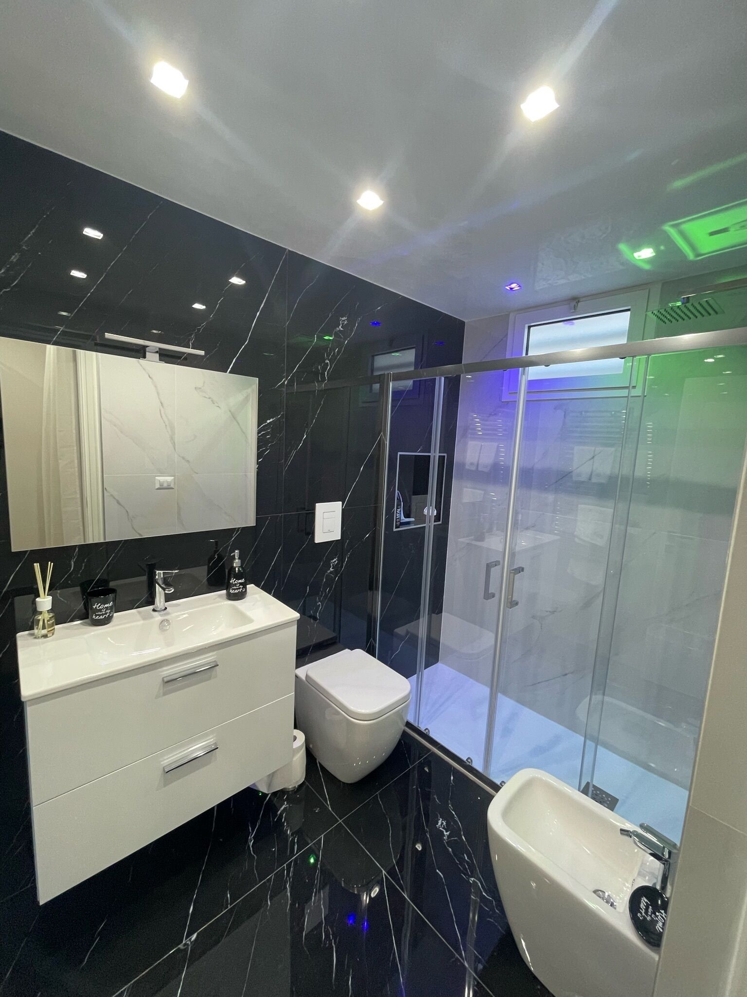 Shower, jetted bath, hair dryer, bidet