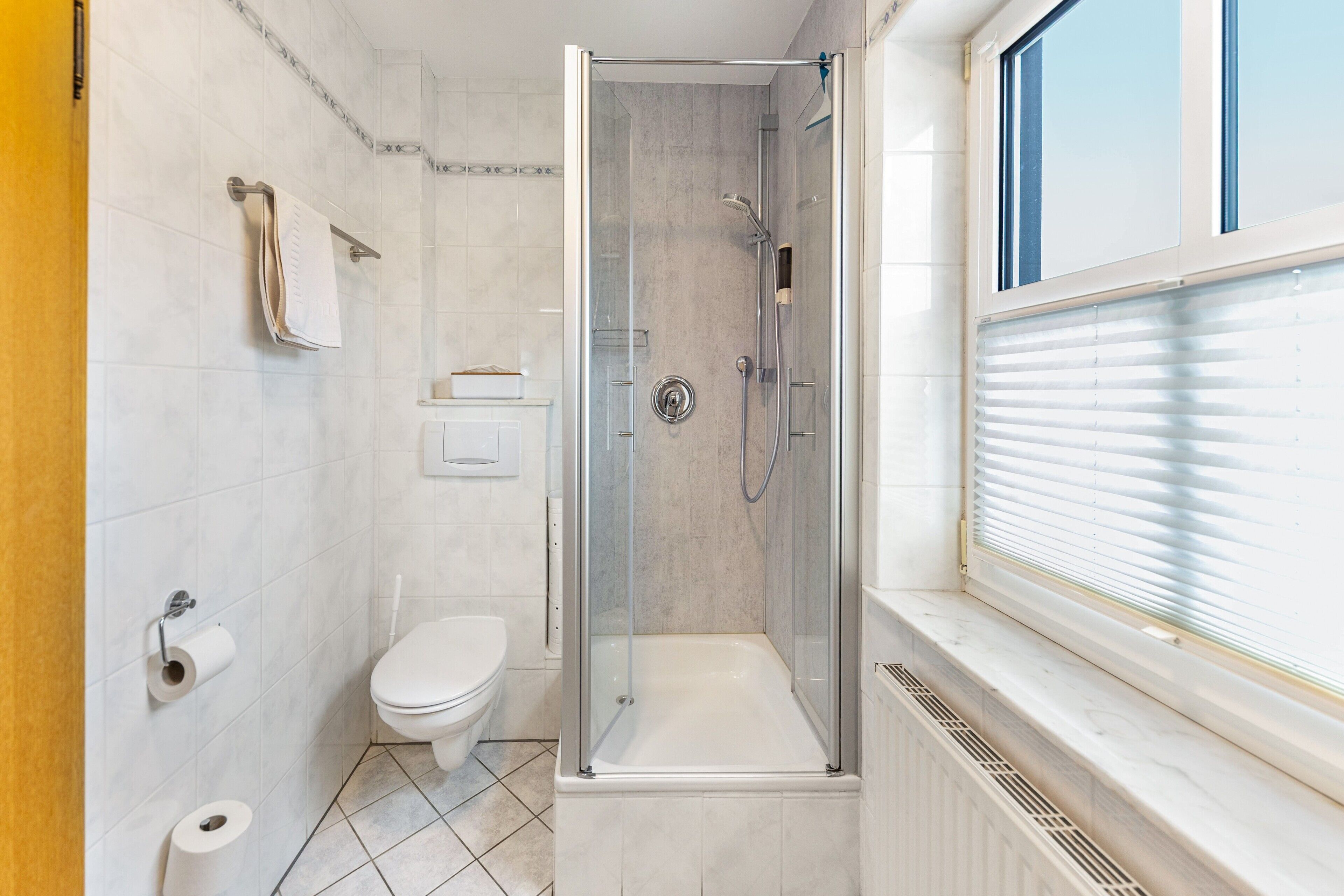Shower, hair dryer, towels