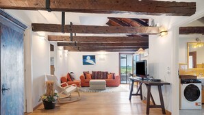 Un salon avec un plancher en bois, un canapé, une télévision et un lave-linge.