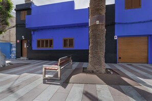 Eine Bank, eine Palme und ein Gebäude mit blauen und schwarzen Wänden.