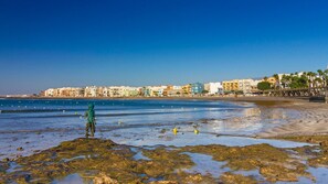 Ein Küstenstrand mit felsigem Gelände, blauem Himmel und einer Reihe bunter Gebäude im Hintergrund.