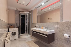 Hair dryer, towels, soap, toilet paper