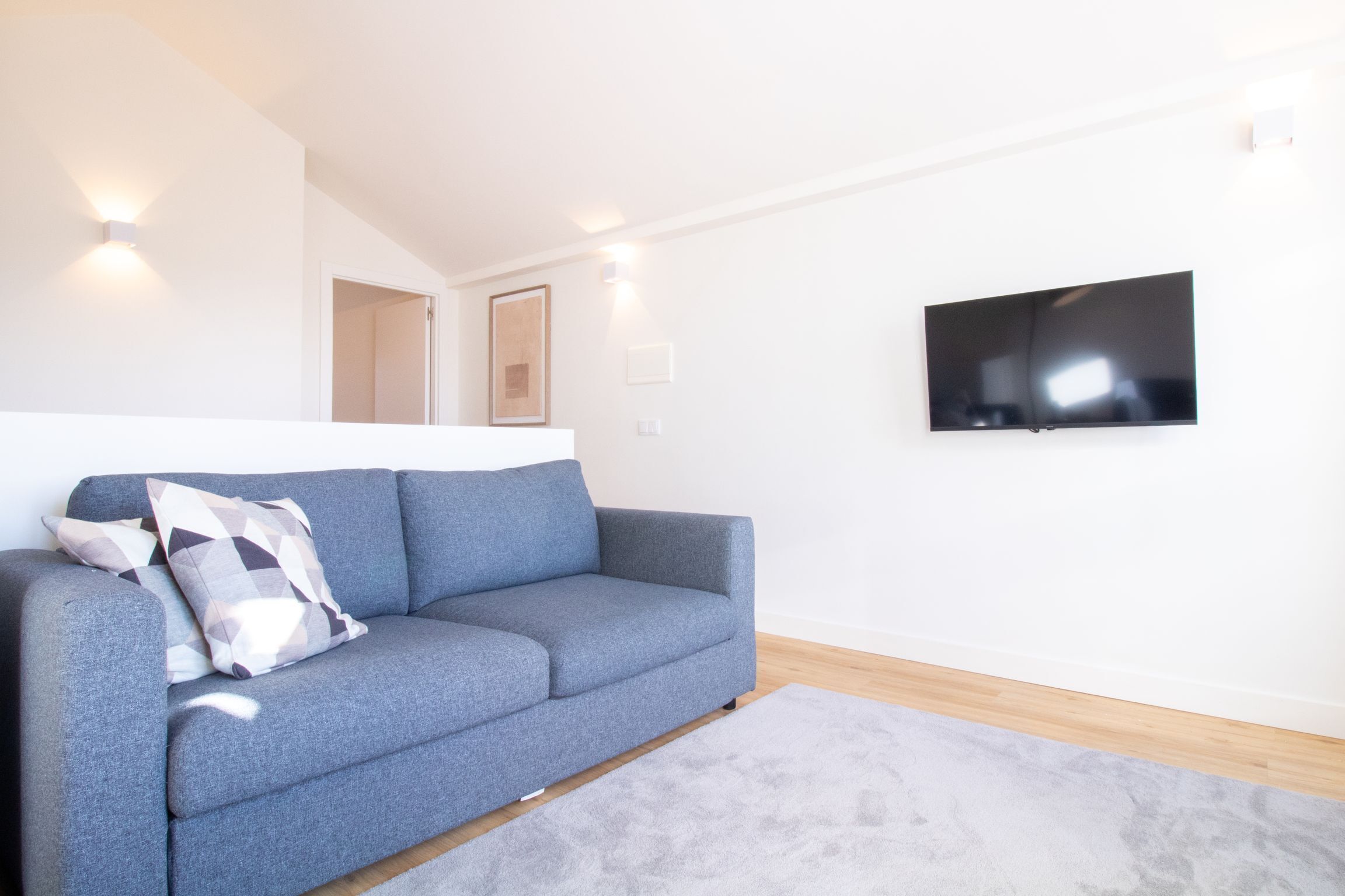 A modern living room with a grey sofa, a flat-screen TV, and a light grey rug.
