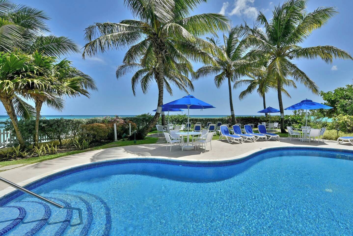 A swimming pool with lounge chairs and umbrellas, surrounded by palm trees and a view of the ocean.