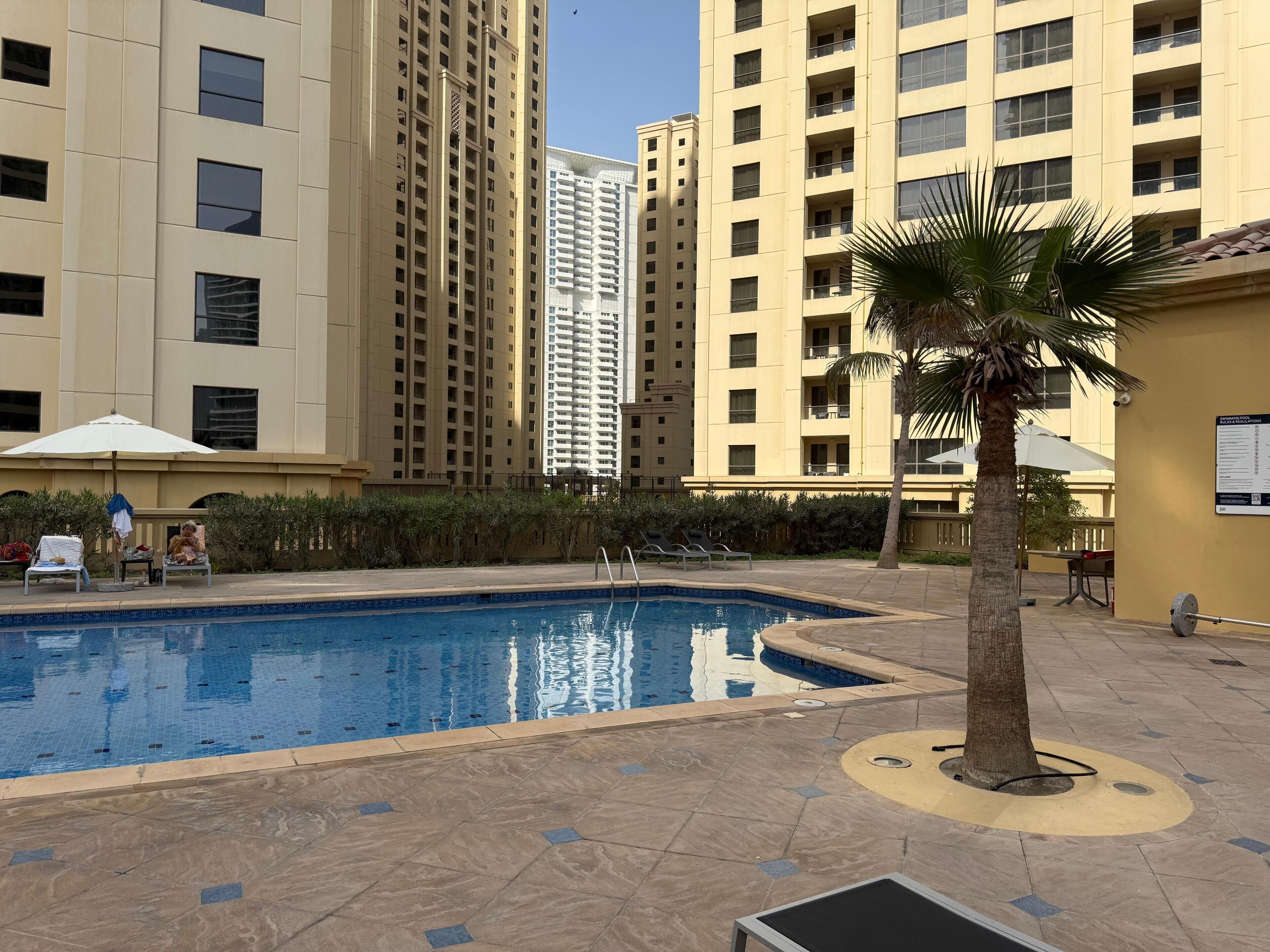 Piscina con una palmera y sillones de descanso, rodeada de edificios altos.