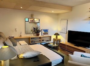 A modern living room with a sofa, a bed, a TV, and a coffee table.