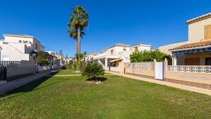 Una calle residencial con casas, una palmera y un césped bien cuidado.