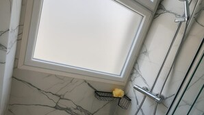 Une salle de bain avec une douche, une baignoire entourée de parois en verre et un puits de lumière.