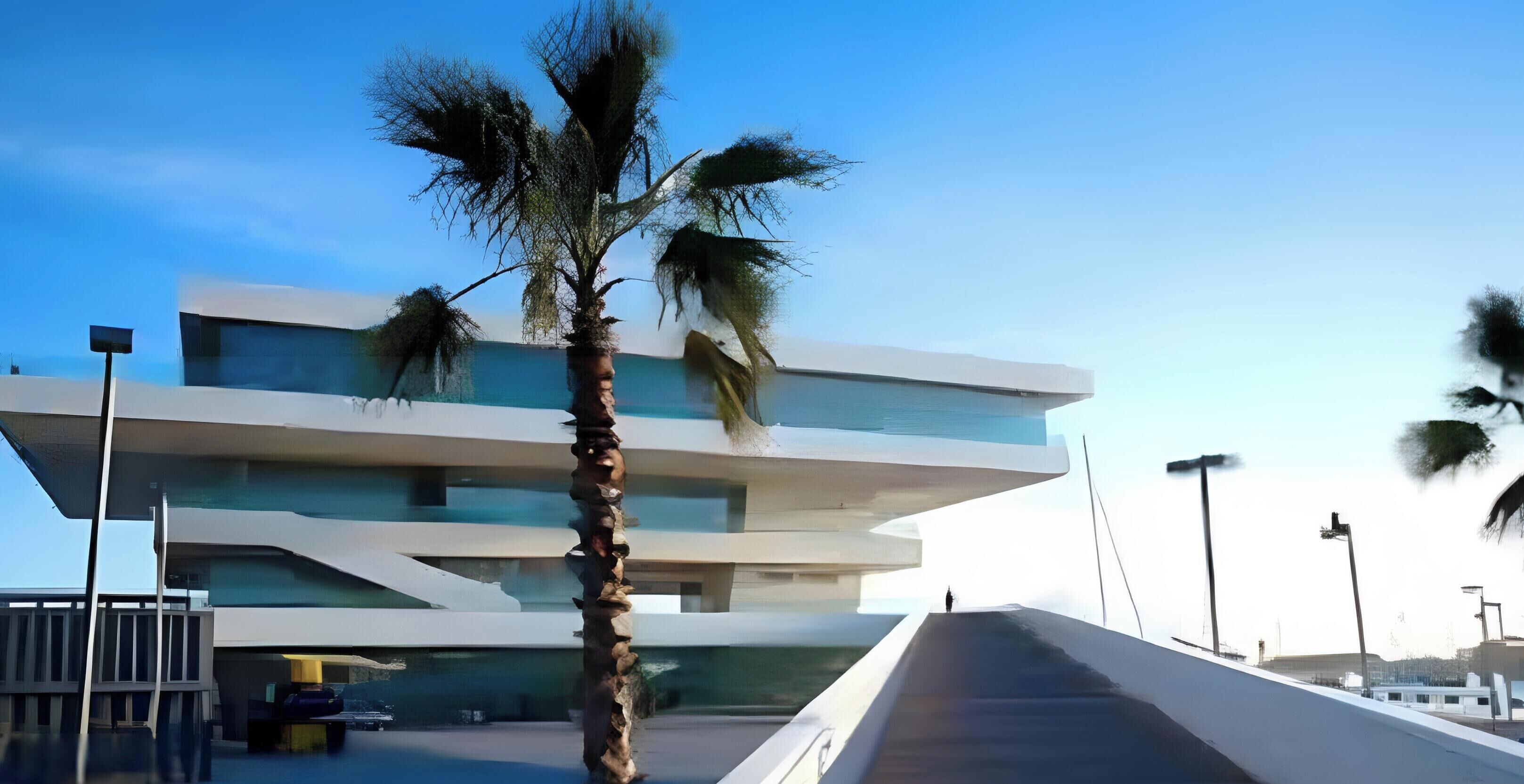 Een modern gebouw met een uniek architectonisch ontwerp, met een opvallende palmboom op de voorgrond.