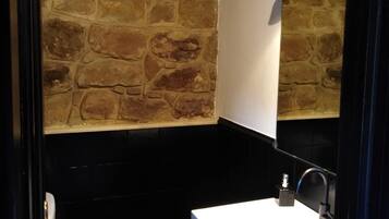 Hair dryer, towels, soap, toilet paper