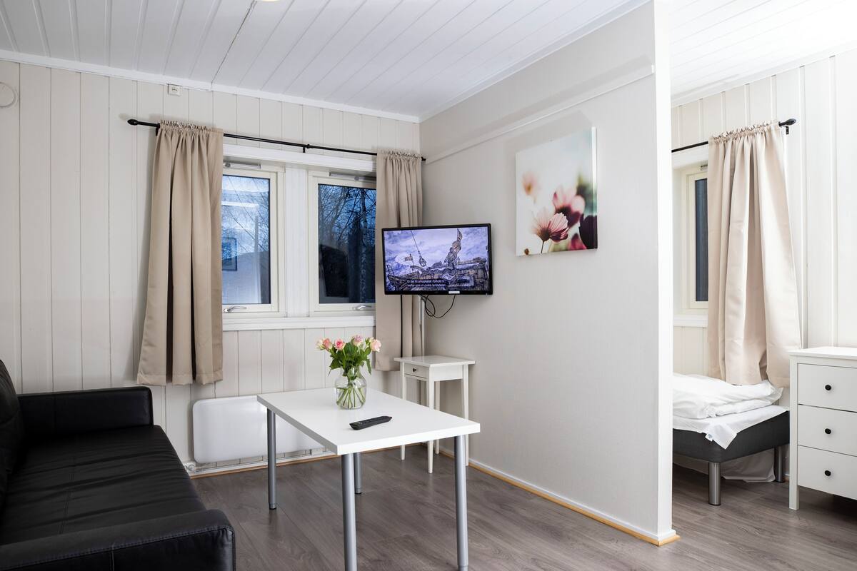 A modern room with a white sofa, a small table with a vase, a TV on the wall, and a bed with a white headboard.