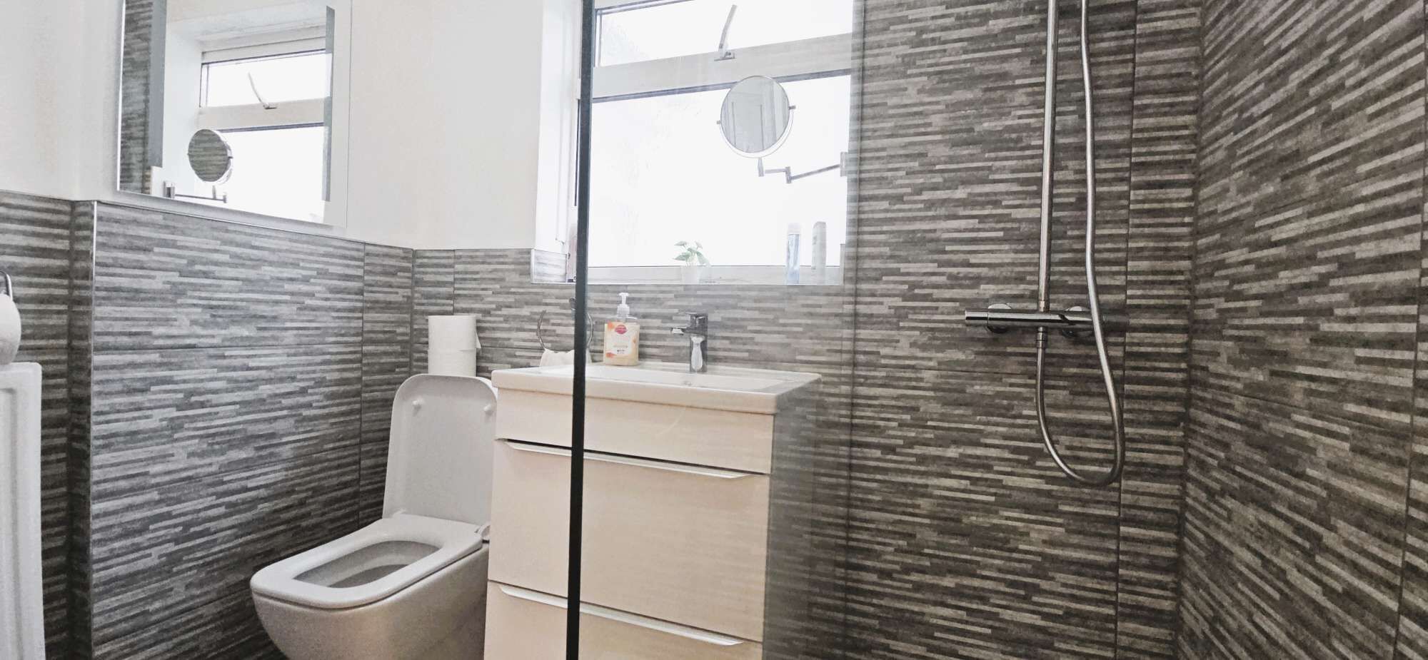 Shower, hair dryer, towels