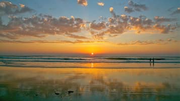 A beach scene with the sun setting over the ocean, two people standing on the shore, and birds flying over the water.