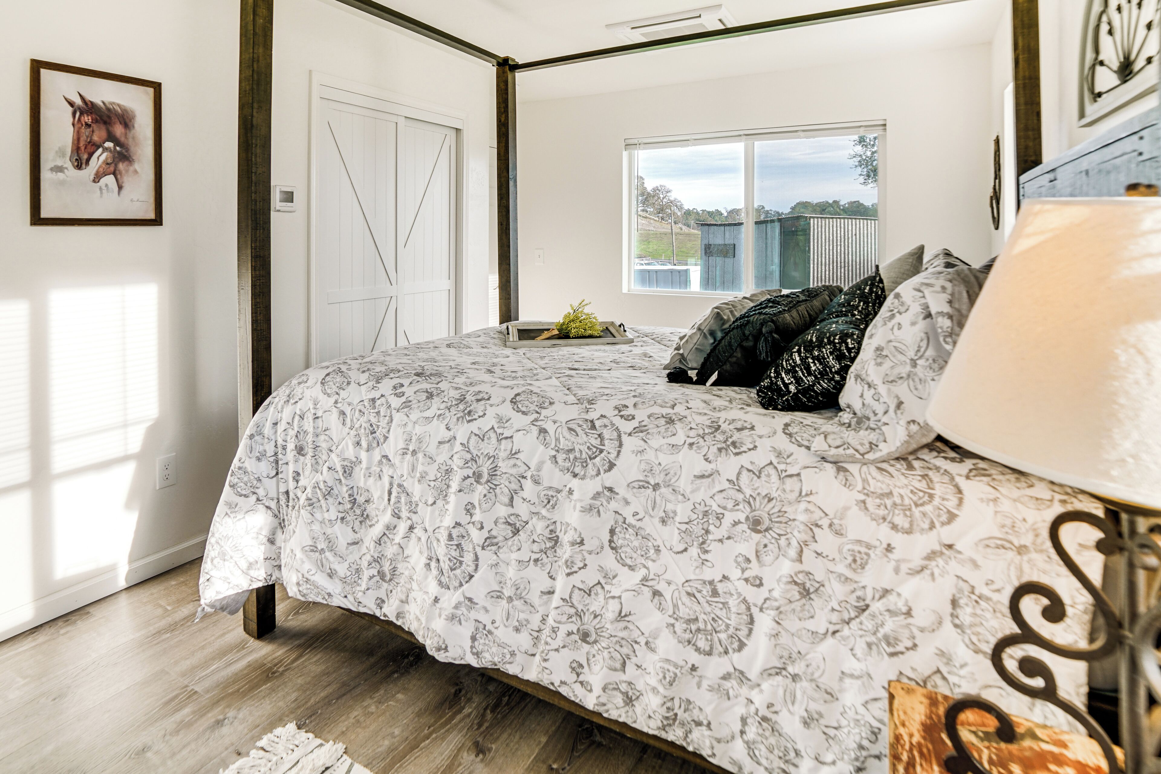 A bedroom with a bed, a window, a door, and a framed picture on the wall.