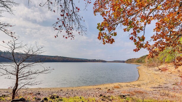 A lakeside view with a rocky shoreline, a leafless tree, and autumn foliage. - Bring Your Boat: Family Home Steps to Lake Greeson (Kirby)