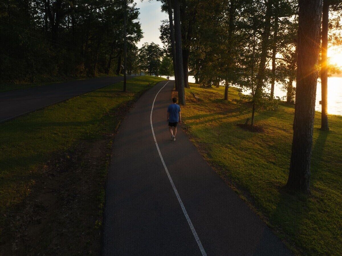 En stig i en park med träd och en vattenyta i bakgrunden.