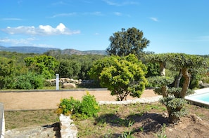 A landscaped garden with a pool, surrounded by trees and a stone wall. - Villa Serena - 10mn from the beach (Bonifacio)