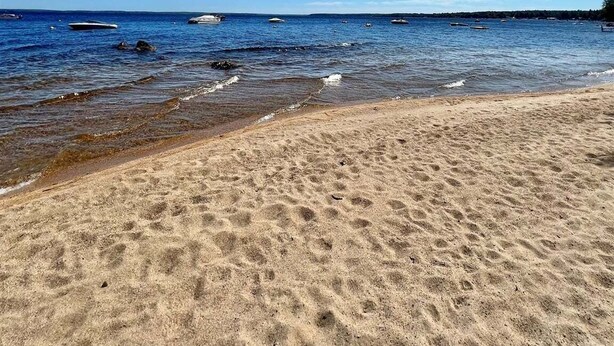 Une plage avec une eau d’un bleu limpide et un rivage sablonneux.