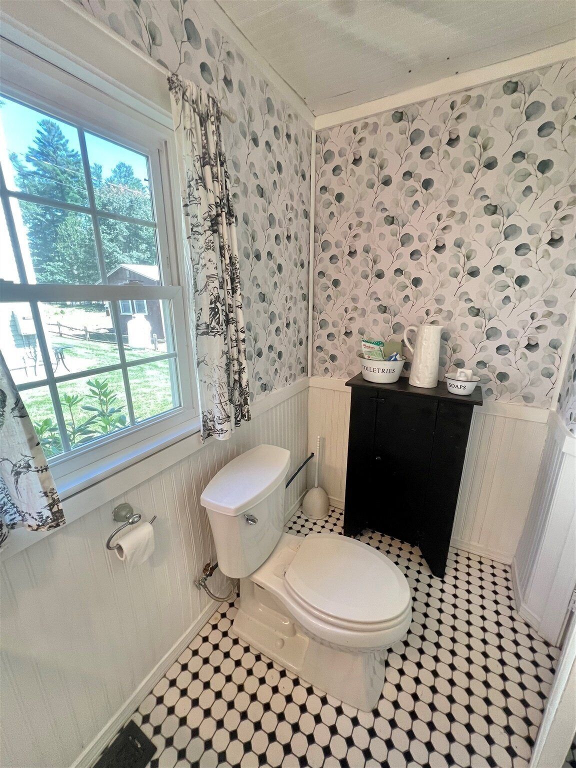A bathroom with a toilet, a window with a view of the outside, a black cabinet, and a toilet paper holder.