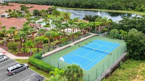 Un campo da tennis circondato da vegetazione rigogliosa e da uno specchio d'acqua.