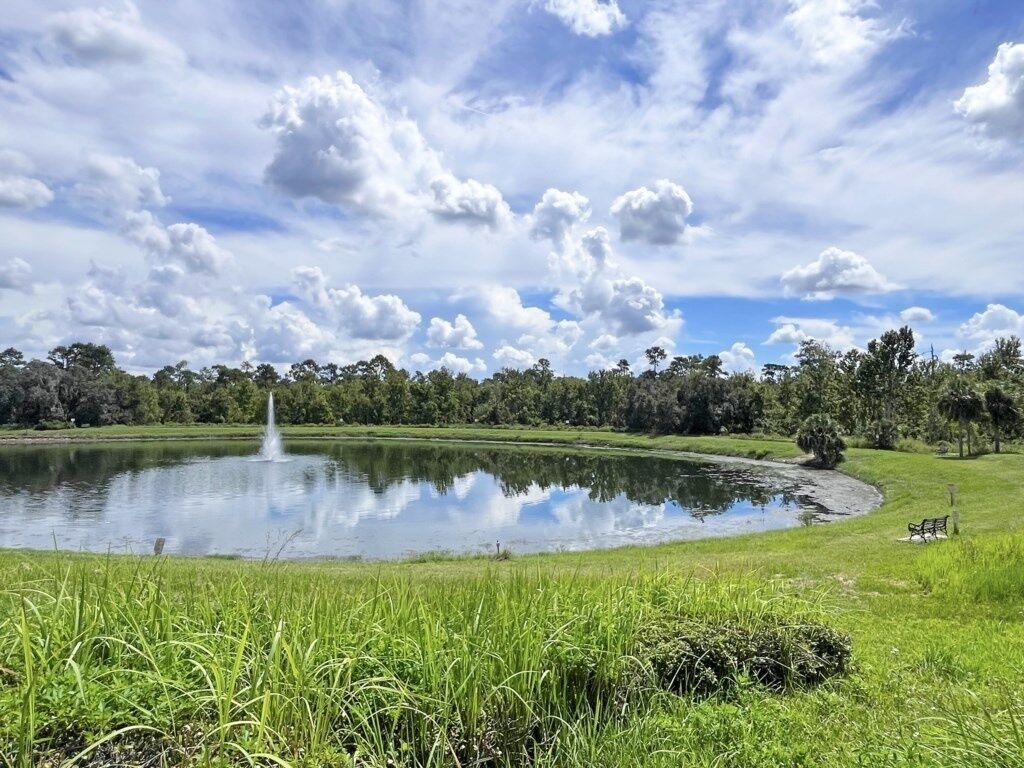 Um parque tranquilo com lago, fonte e um banco.