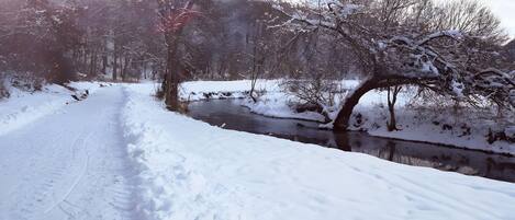 A snow-covered landscape with a river, trees, and a clear sky.
