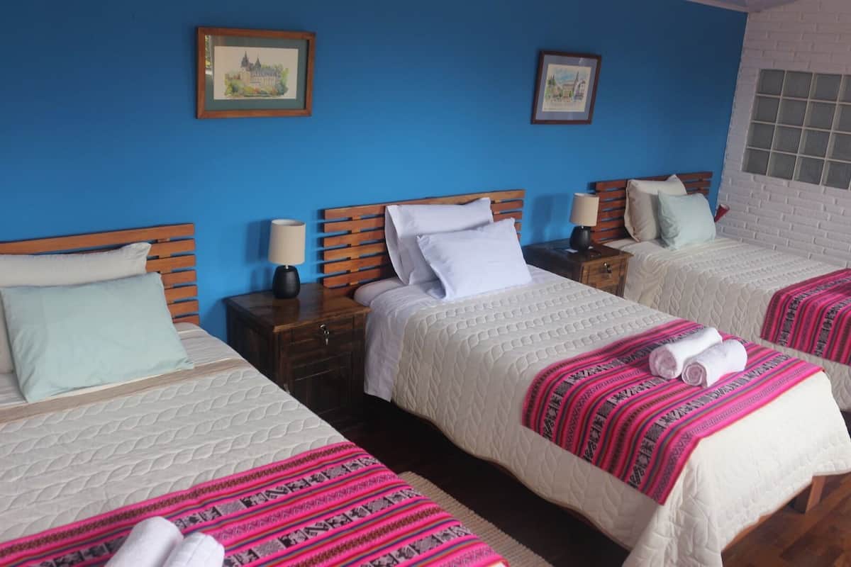 A hotel room with three beds, each with a different style of headboard and bedding. There are framed pictures on the wall, a wooden nightstand with a lamp, and a white brick wall.