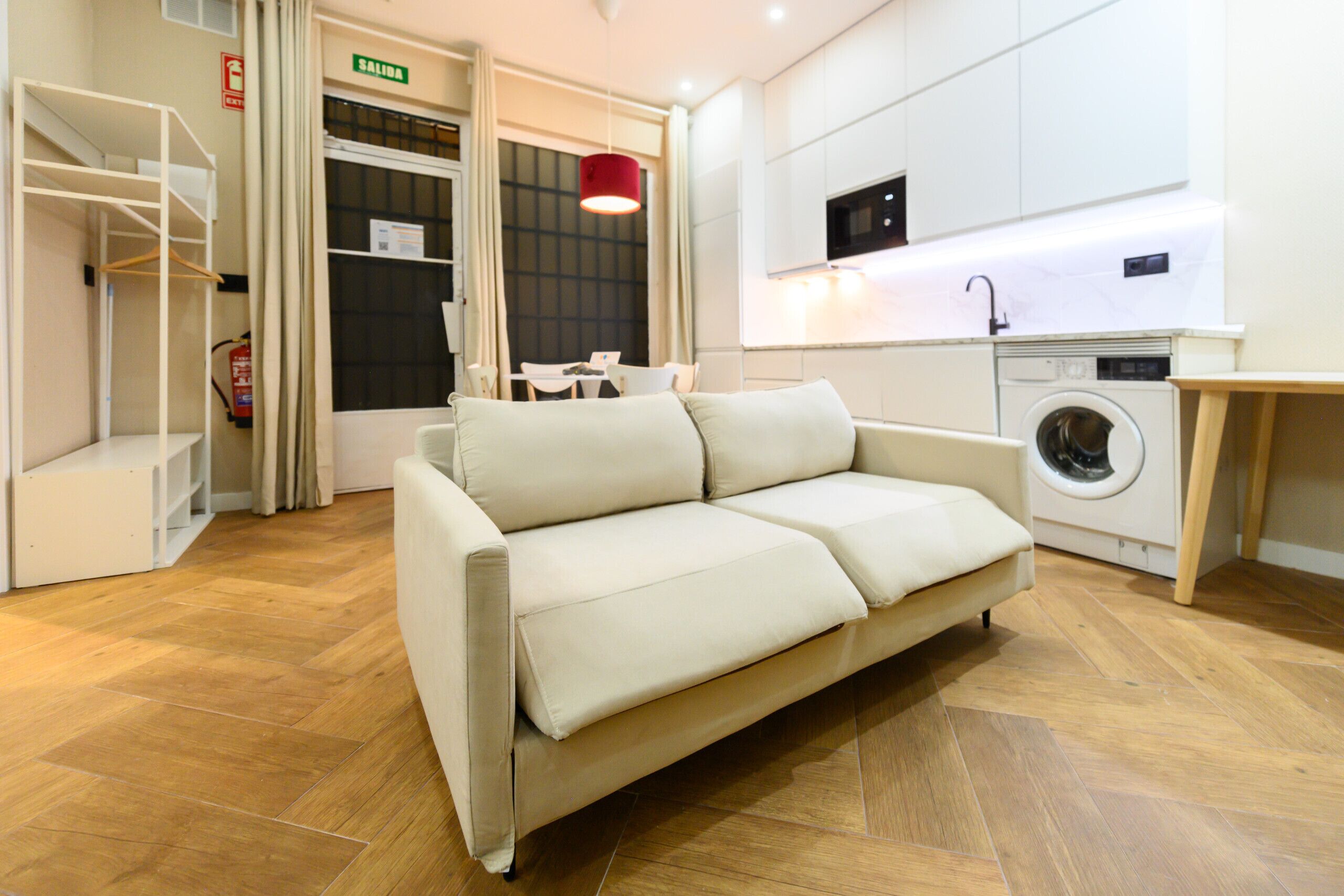 Una habitación moderna con sofá, lavadora y comedor.
