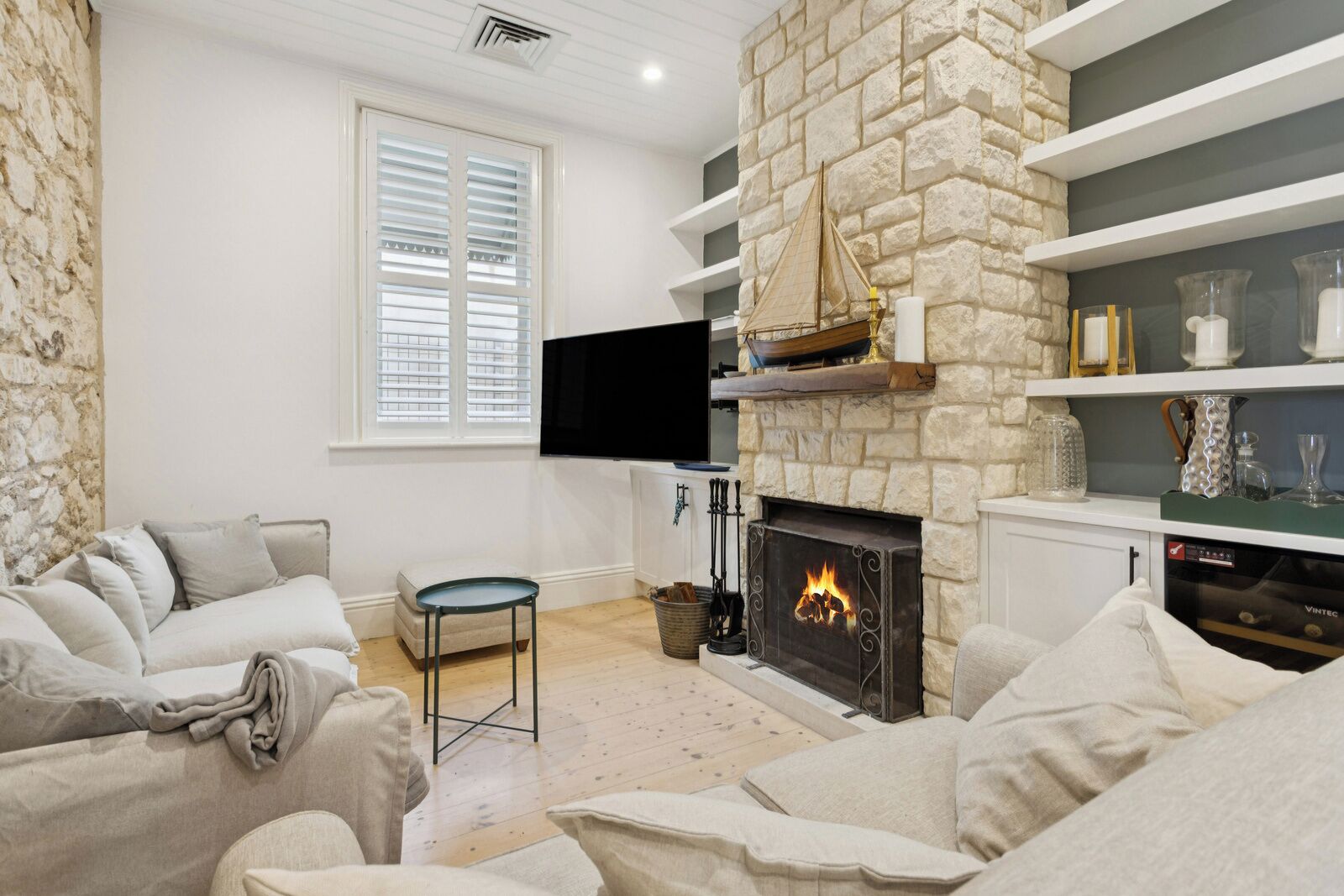 Smart TV, fireplace, books