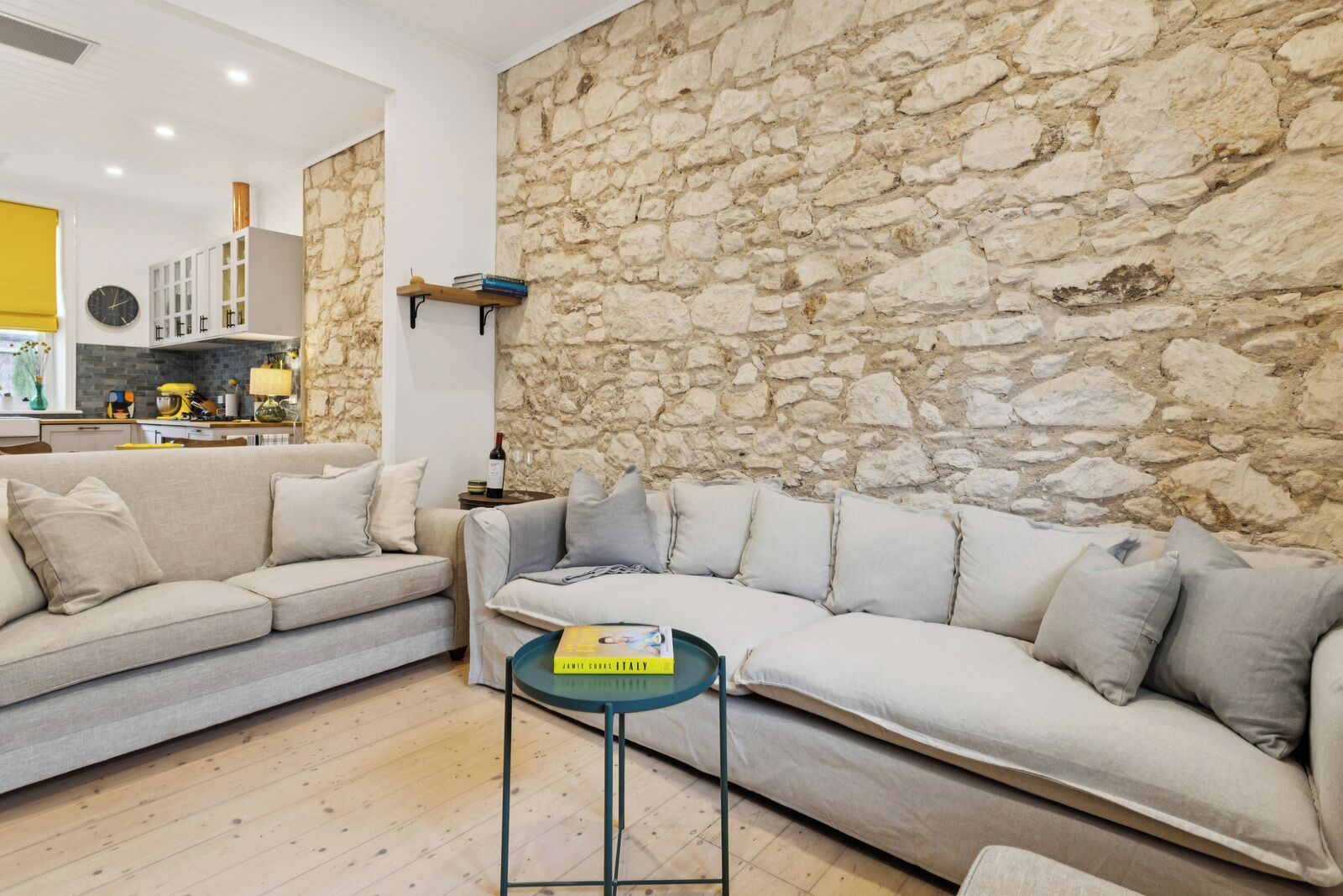 Smart TV, fireplace, books