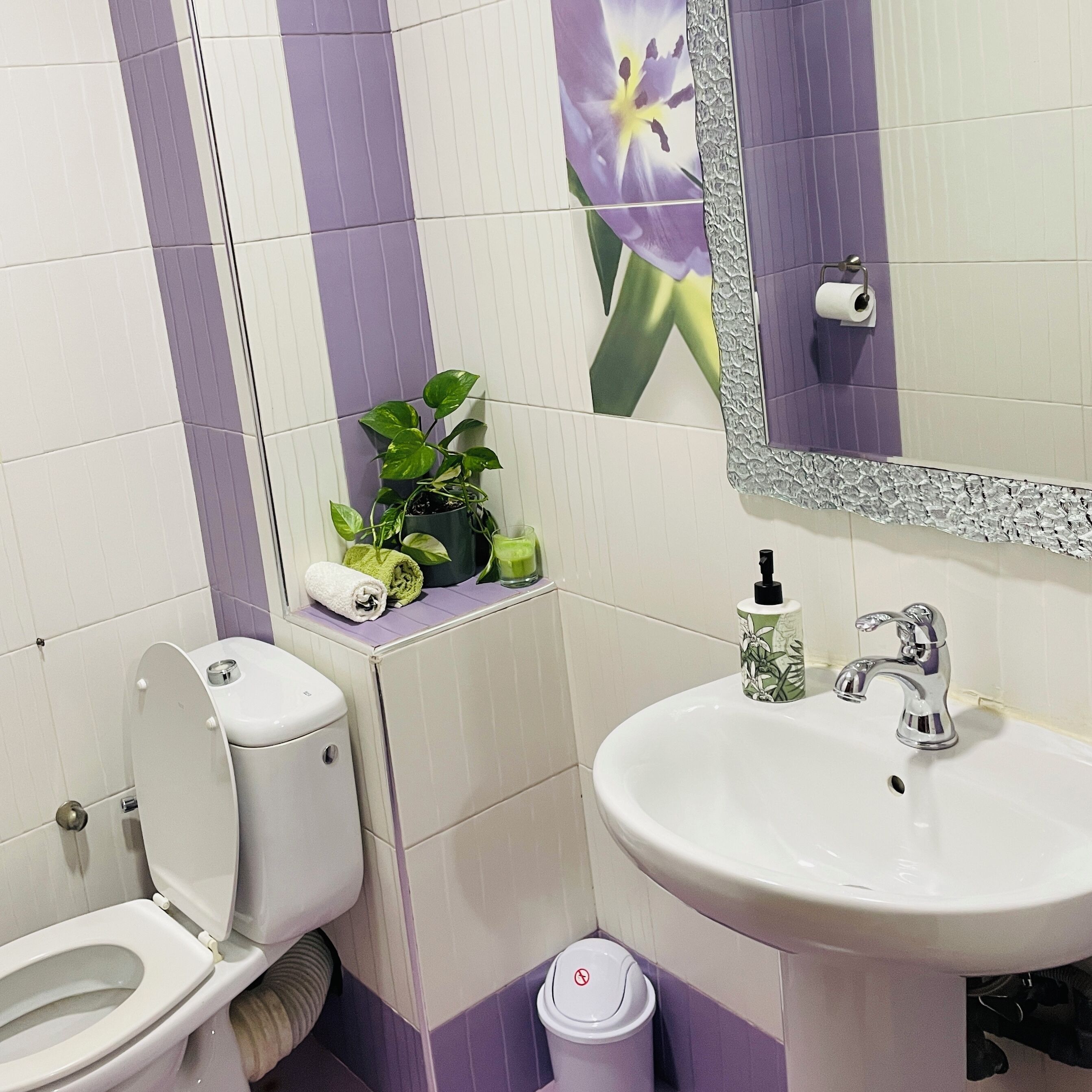 A bathroom with a toilet, sink, and mirror.