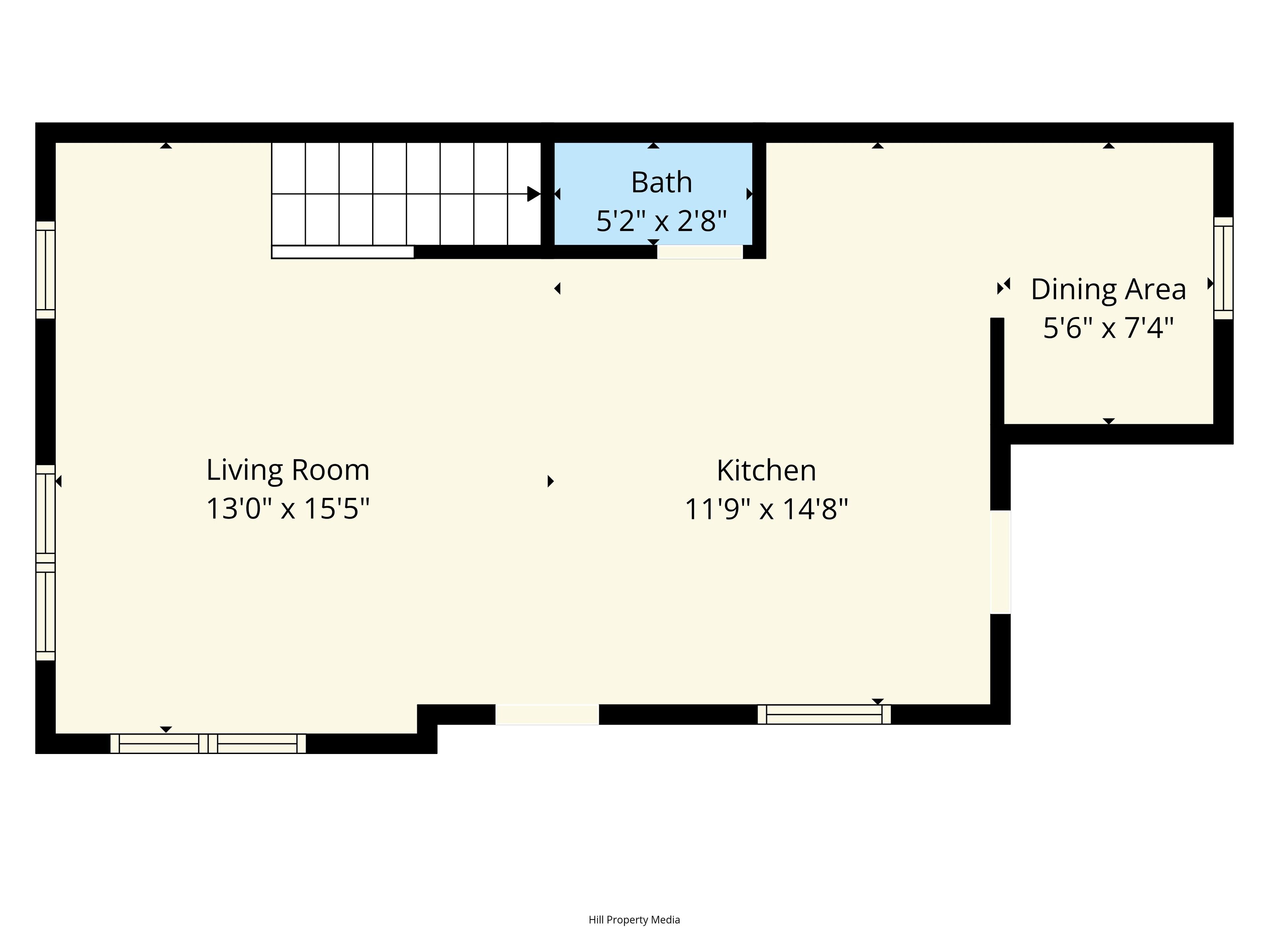 A floor plan with a living room (13'0" x 15'5"), a kitchen (11'9" x 14'8"), a dining area (5'6" x 7'4"), and a bath (5'2" x 2'8").