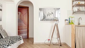 Ein Zimmer mit einem zebra-gestreiften Bett, einer Treppe und einem gerahmten Kunstwerk an der Wand.
